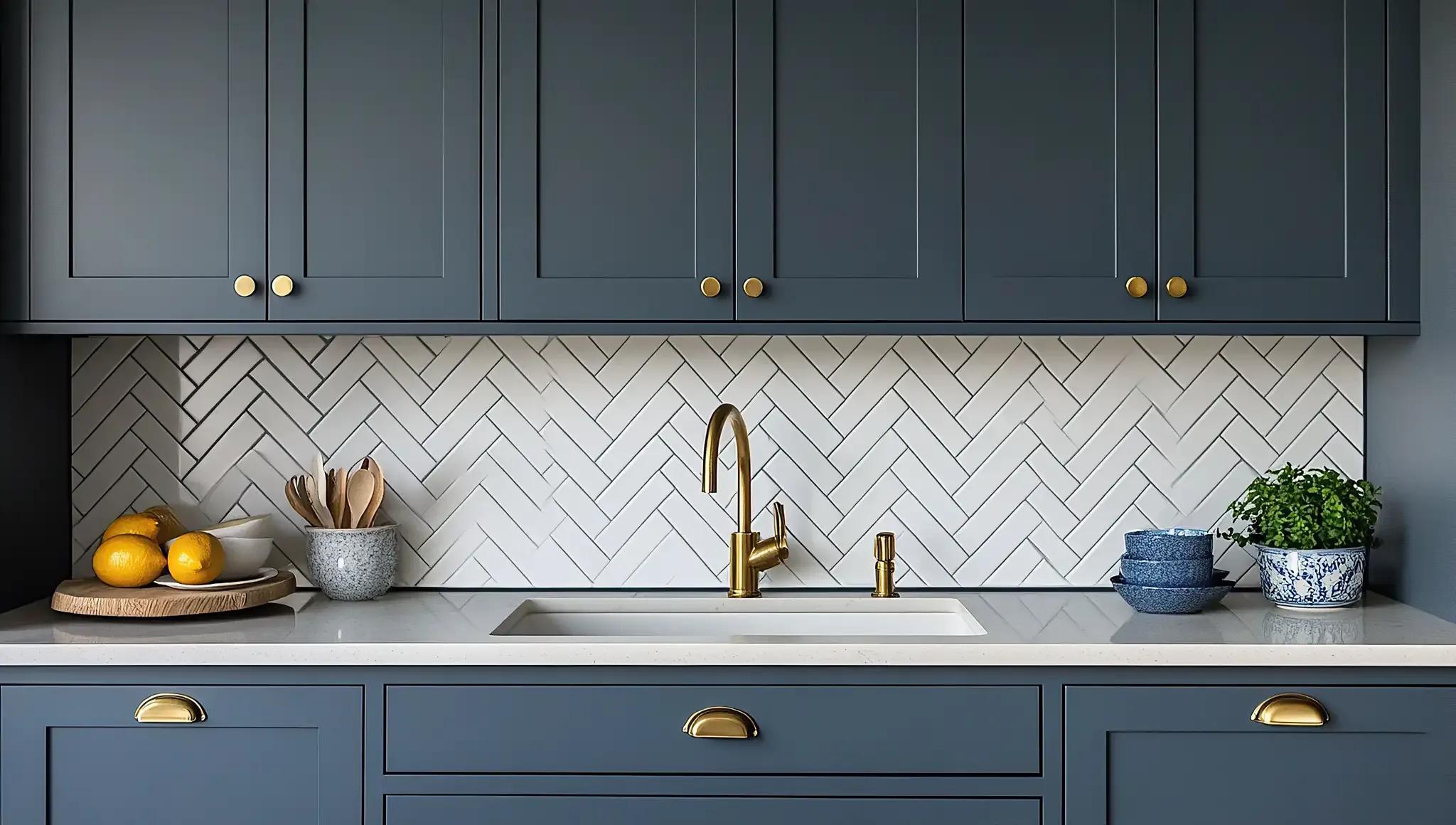 A dark grey shaker kitchen with a herringbone tiled splashback and brass tap