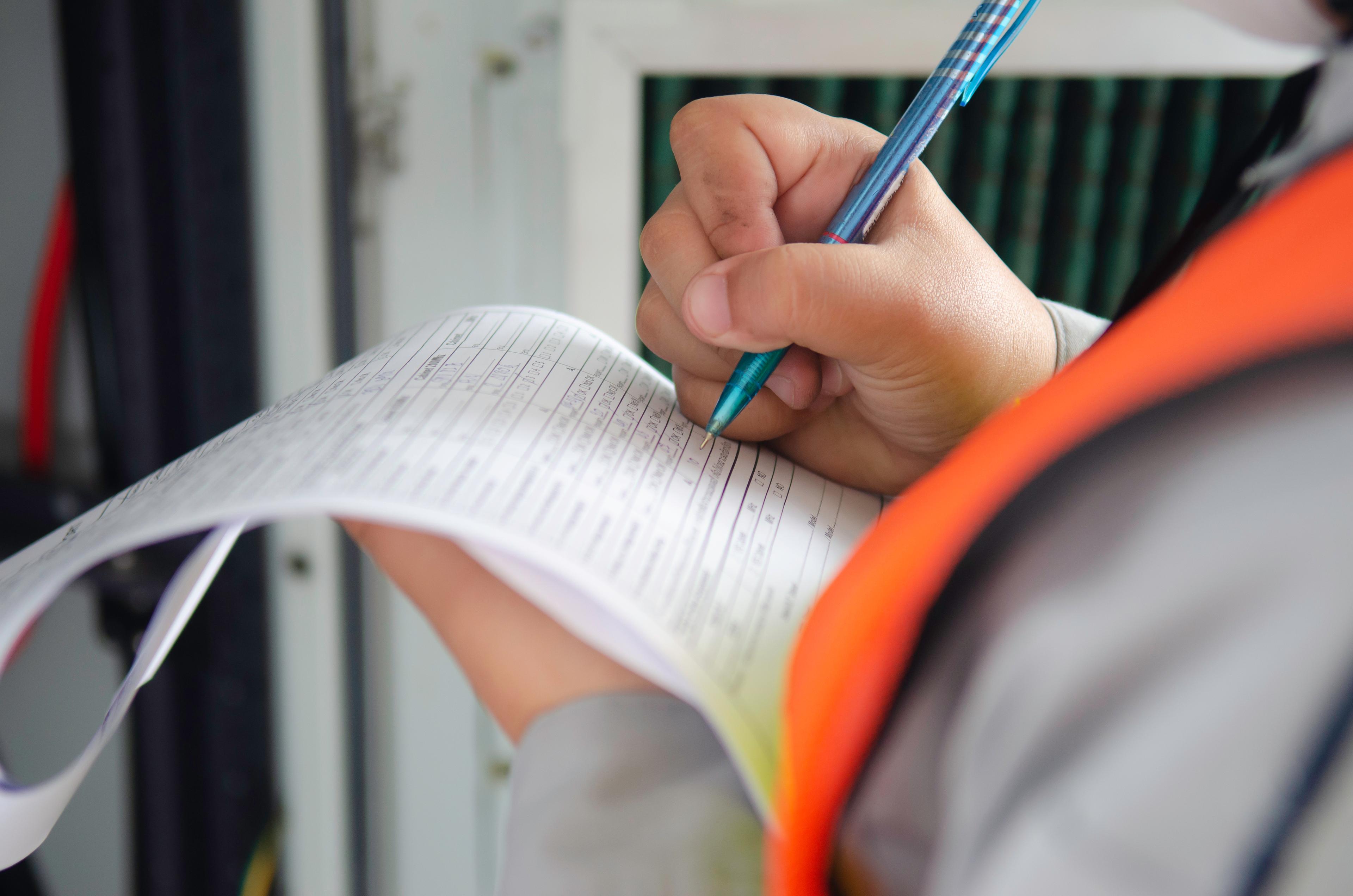 Engineer,Wear,Safety,Equipment,Write,And,Record,Inspection,Report,worker,Write